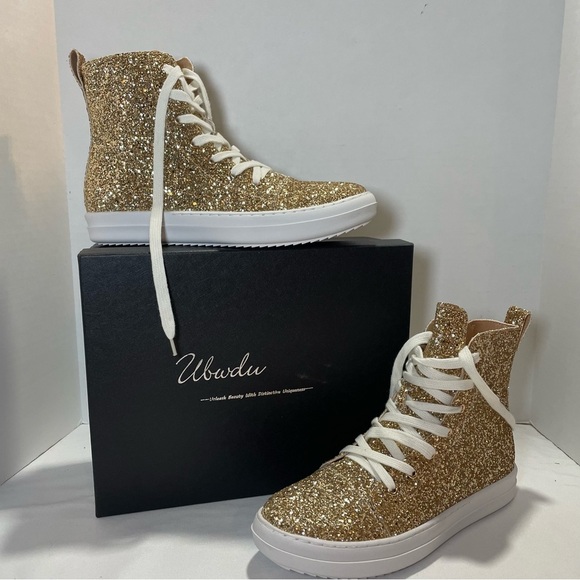 UNWDU Gold Glitter High-Top Sneakers. NEW in box. Women’s size 10. Sparkles! - Picture 2 of 8